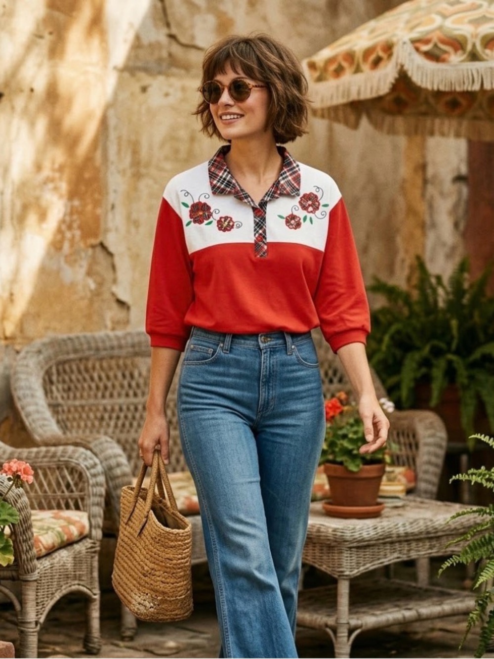 Vintage BonWorth Red & Plaid Floral Embroidered Polo Top